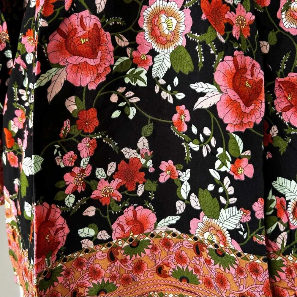 🌸Floral Paisley Boho Blouse w/Tie. Black/Rose/Gold/Blue/Multi. Medium - Picture 12 of 13